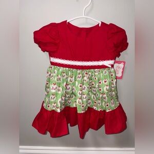 Ricrac & ruffles red green Christmas dress nwt bikes trees floral ruffle hem 12m